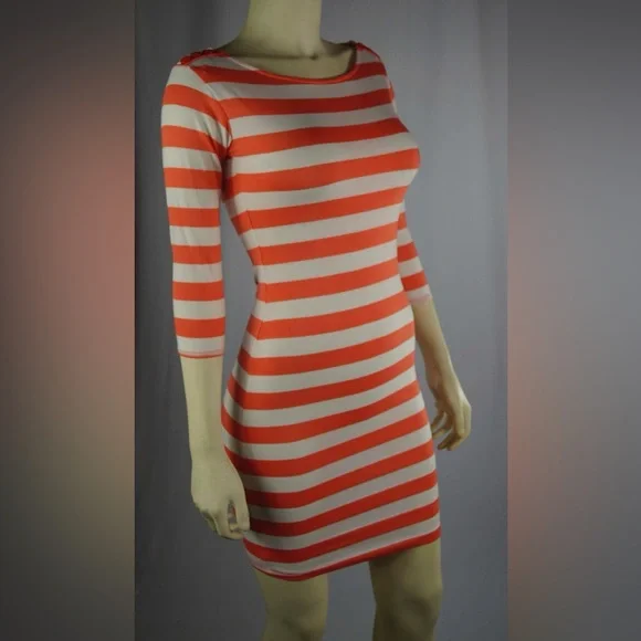 Soprano Coral and White Striped Dress Stretch Comfy Casual Dress 3/4ths Sleeves - Picture 5 of 6